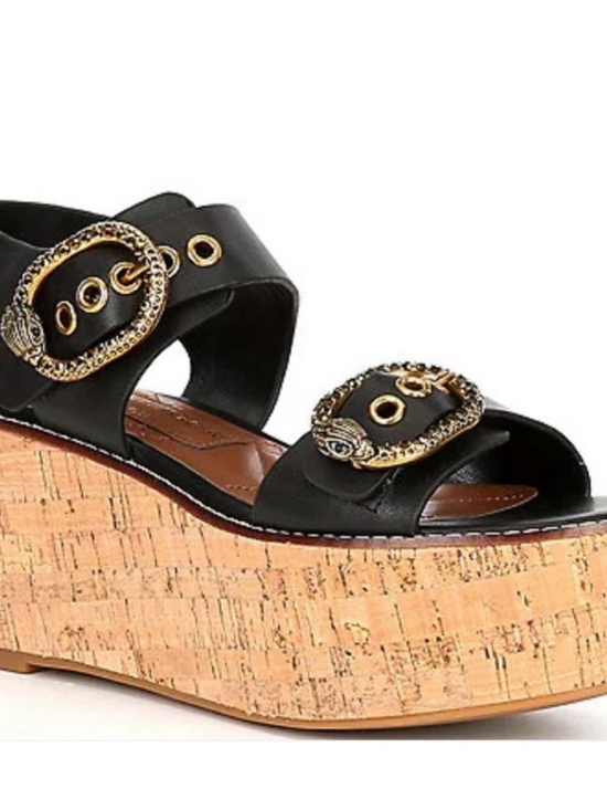 Kurt Geiger Shoes - Kurt Geiger Black Leather Cork Platform Sandals with Gold Buckles